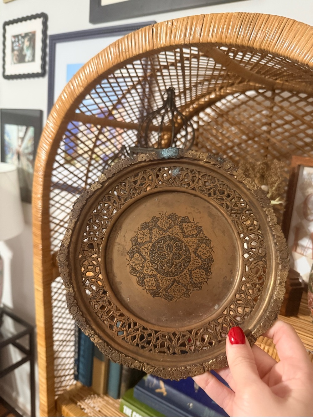 Vintage Ornate Pierced Brass Tray Etched Floral Medallion Boho Decor